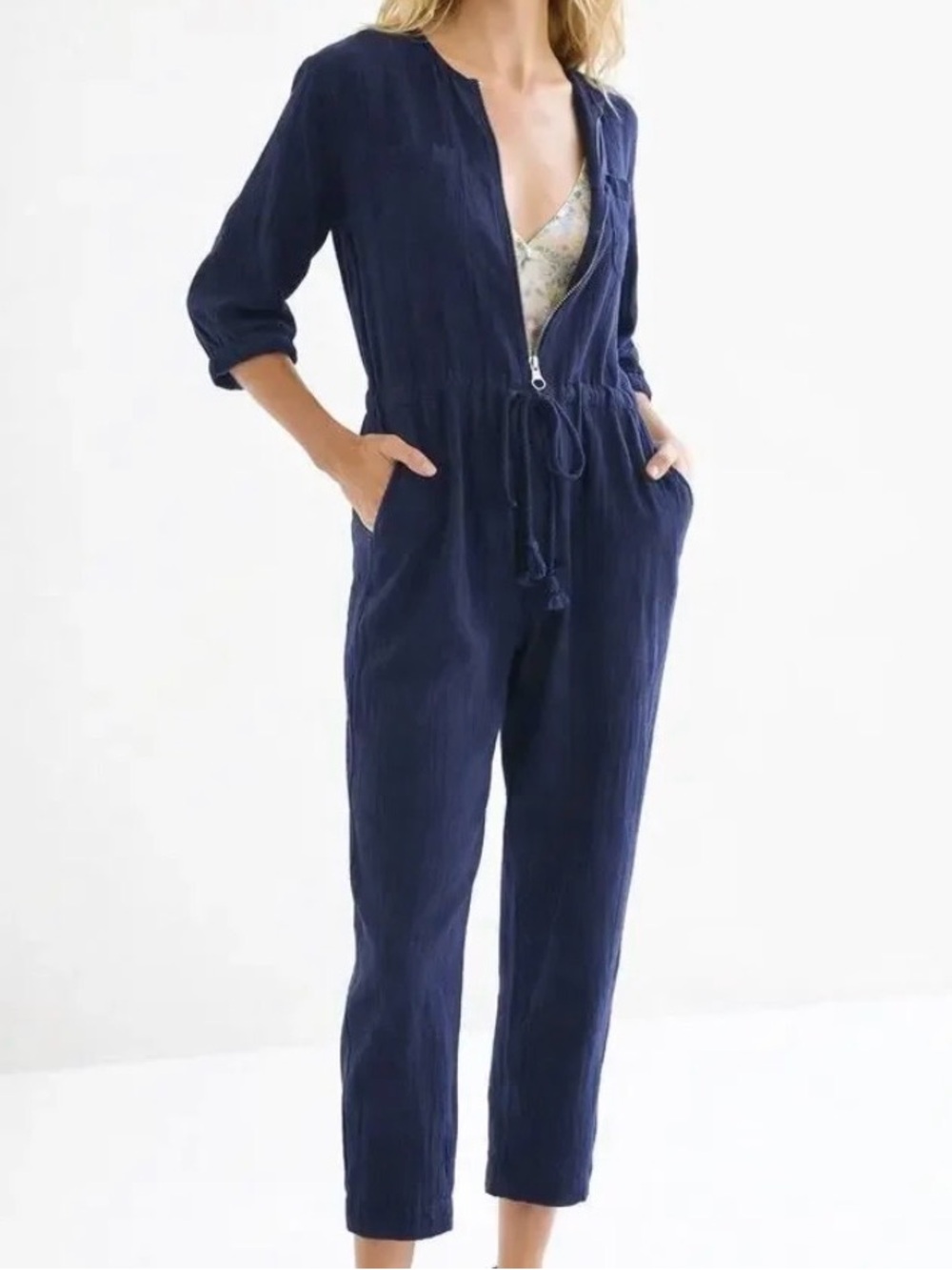 Sundry x Anthropologie 4 Gauzy 100% Cotton Navy Jumpsuit Zip Up Navy Flowy Comfy